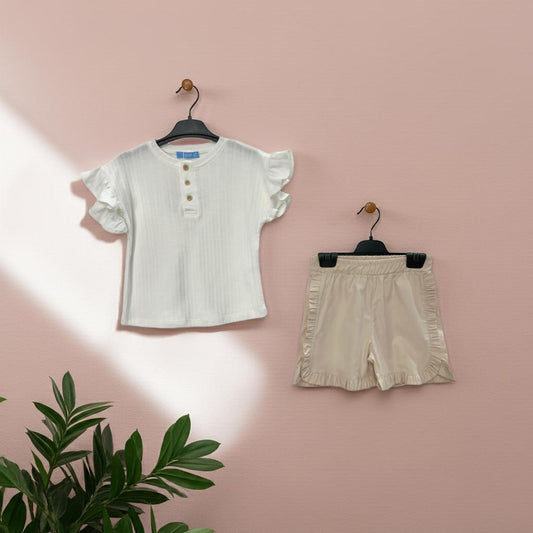 "Sunlit Whispers" – Ruffled White Top & Beige Shorts Set!