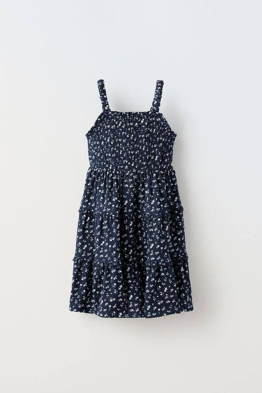 Charming Navy Blue Floral Smocked Dress!