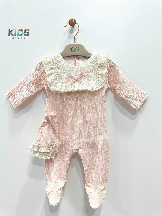 Blush Embrace – Ruffle Collar Romper & Hat Set!