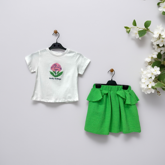 "Lovely Feelings" Graphic Tee & Ruffled Green Skirt Set!