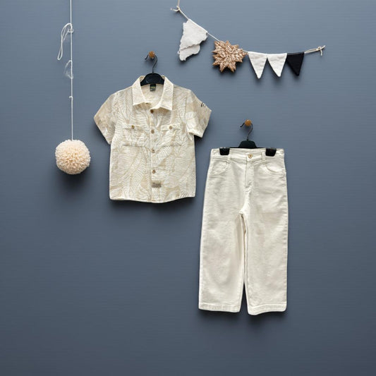 "Summer Whisper" β Leaf-Pattern Shirt & White Pants Set!