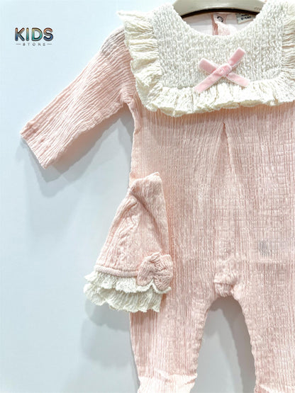 Blush Embrace – Ruffle Collar Romper & Hat Set!