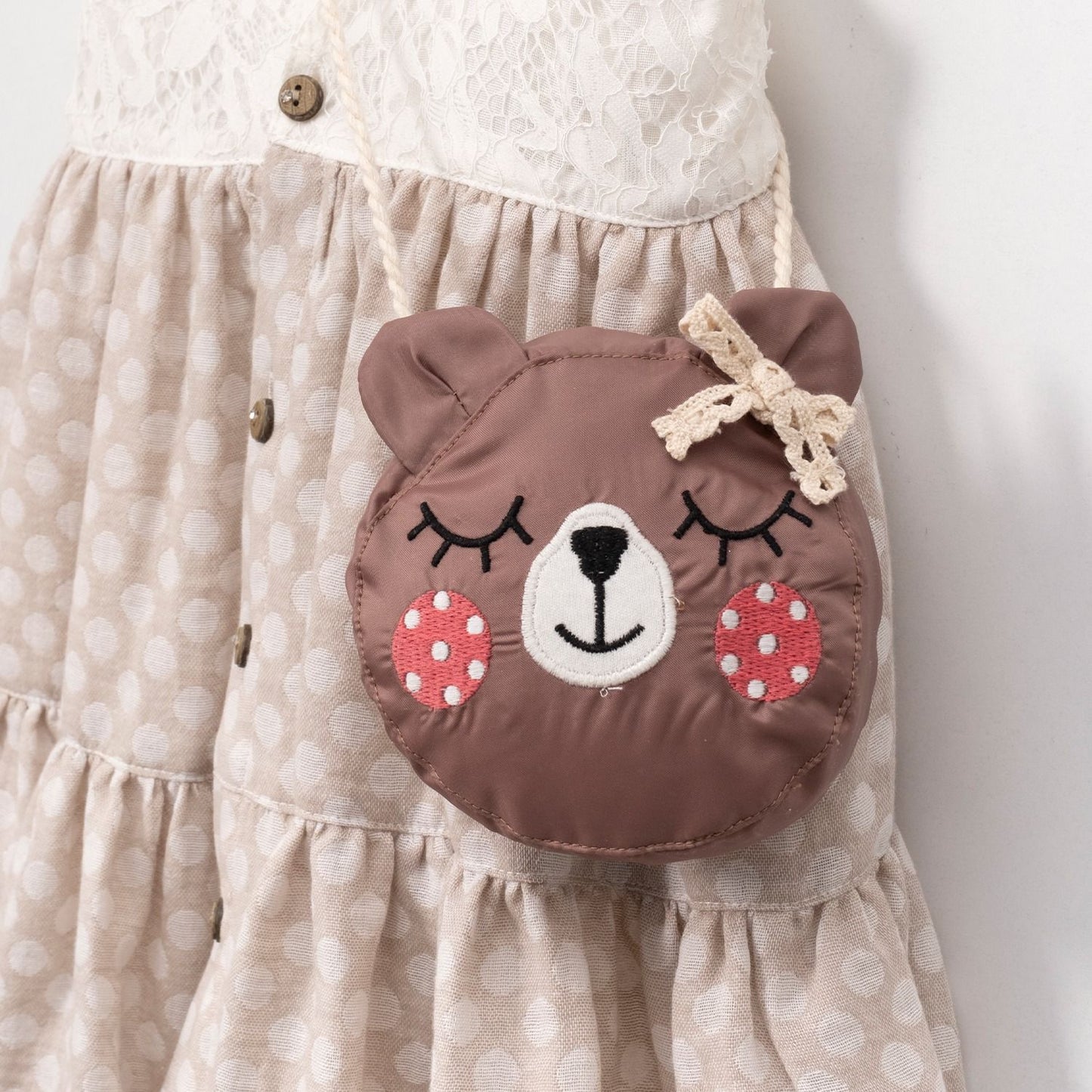 Adorable Lace and Polka Dot Dress with Bear Purse