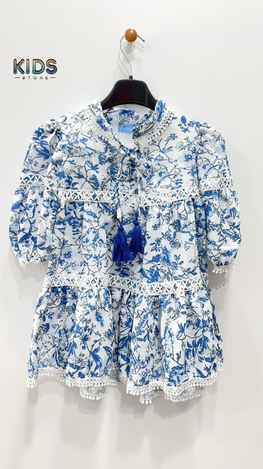 Bloom & Breeze – Blue Petal Lace Cotton Dress